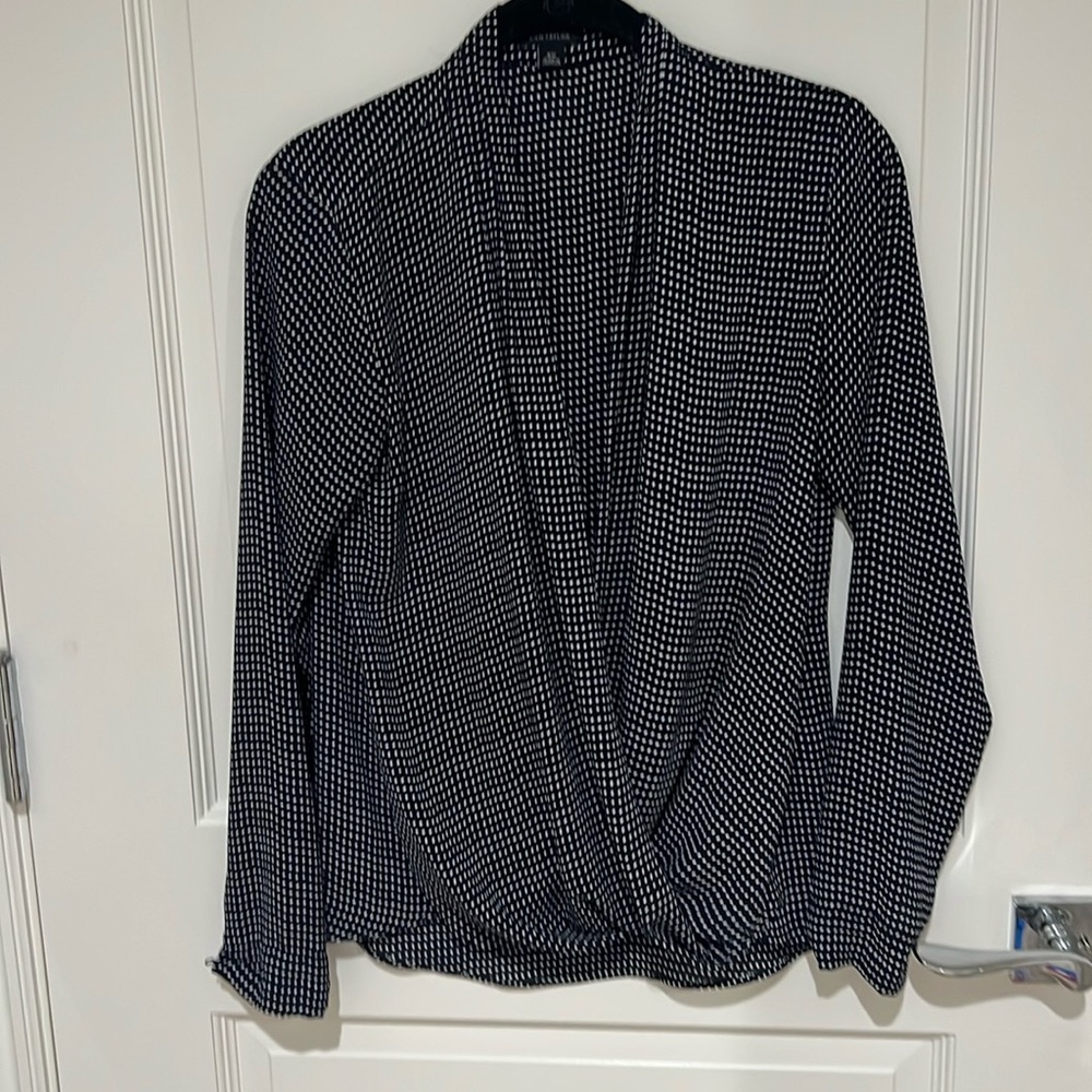 And Taylor, navy and white dot blouse